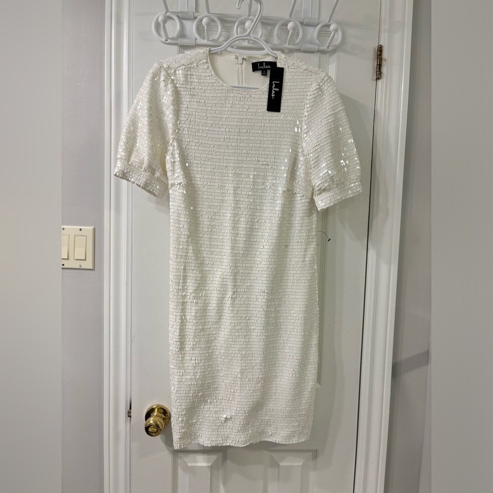 Lulu's White Sequin Short Sleeve Shift Dress
